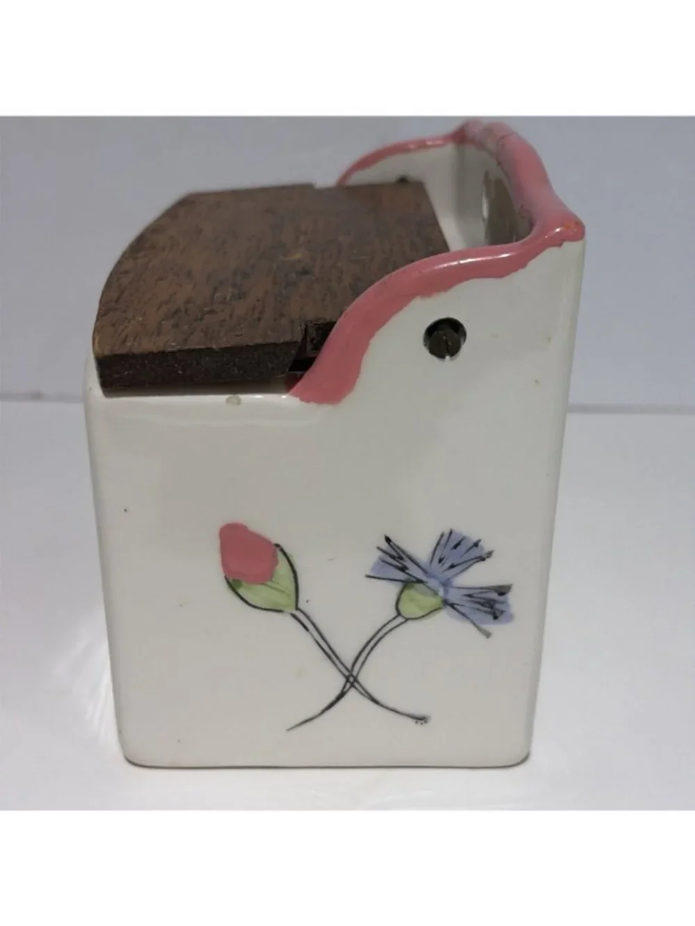 Vintage Floral Salt Cellar Box With Wooden Lid Ceramic Farmhouse Japan 4.5
